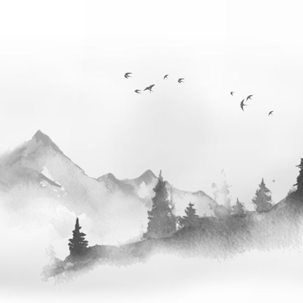 Japanische Kalligraphie-Zeichnung mit Vögeln über Landschaft